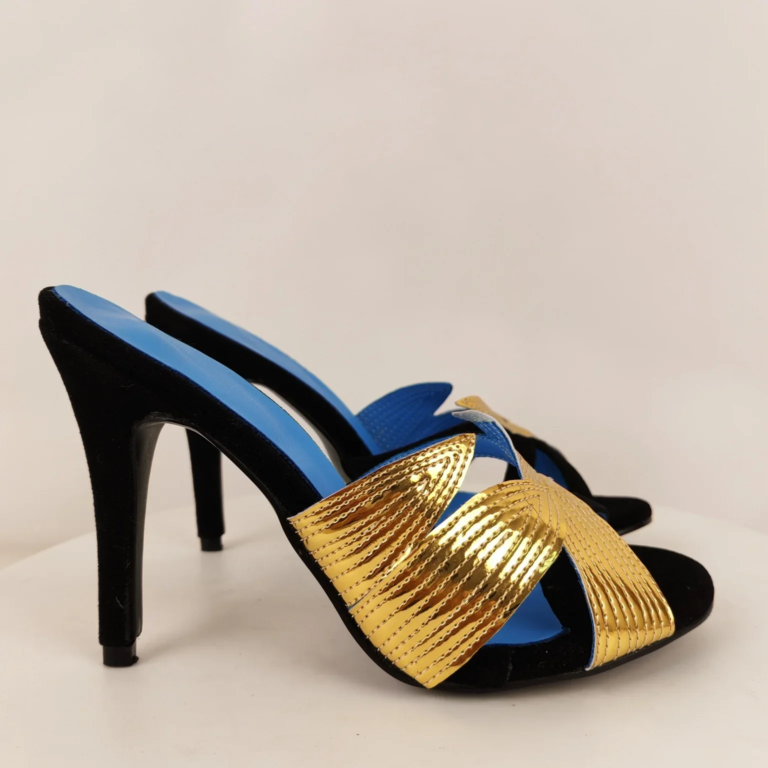 Golden Blue Strap Women Mules Sandals Summer Open Toe Slip On Thin High Heels Pumps Female Slide Slippers Daily Dress Shoes