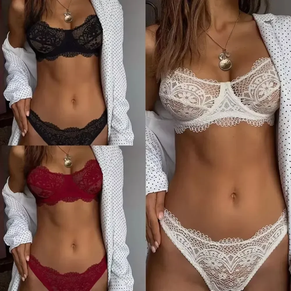 

2024 New Sexy Eyelash Lace Bra Set Ladies Bralette Push Up Lingerie Bras Briefs Set Women Deep V Cross Back Transparent G-string