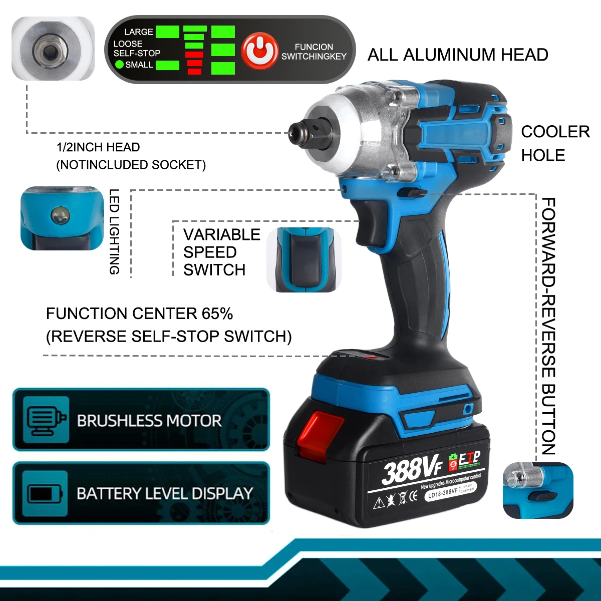 ประแจผลกระทบไฟฟ้าประแจไฟฟ้าไร้สายไร้แปรงถ่าน 1/2 นิ้วใช้งานร่วมกับ Makita 18V แบตเตอรี่ไขควงเครื่องมือไฟฟ้า