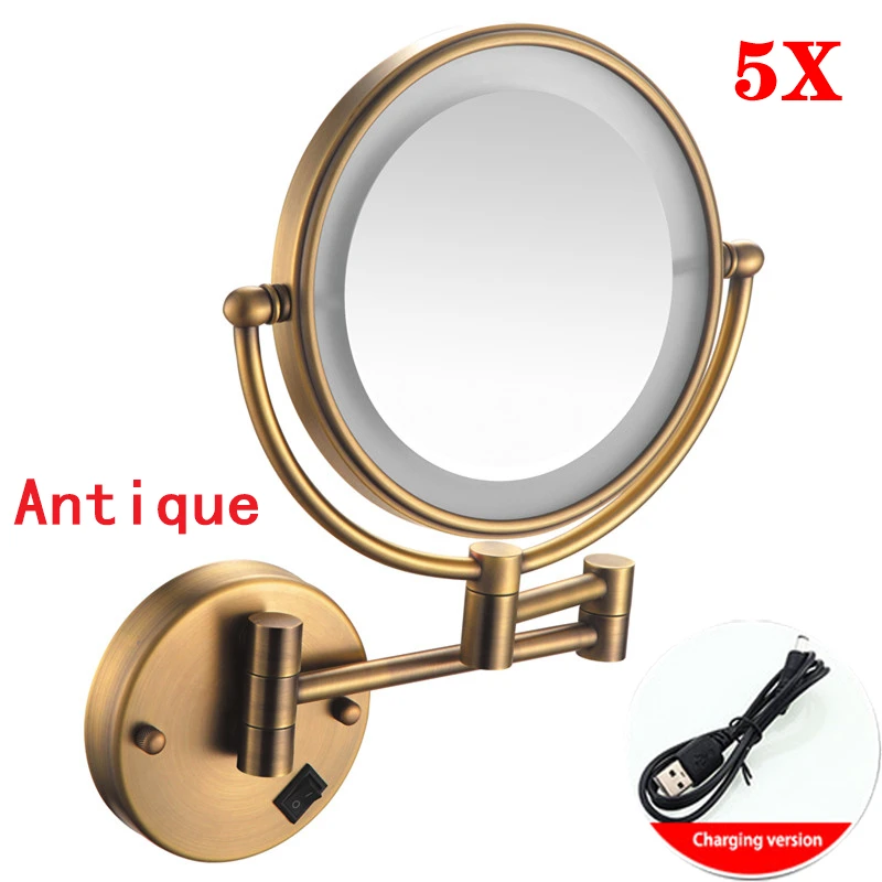 Rose Gold Led Opvouwbare Badkamerspiegel Wandmontage Verlichte Home Hotell Badkamer Make-upspiegel 5X Vergrotende Plug Badspiegels