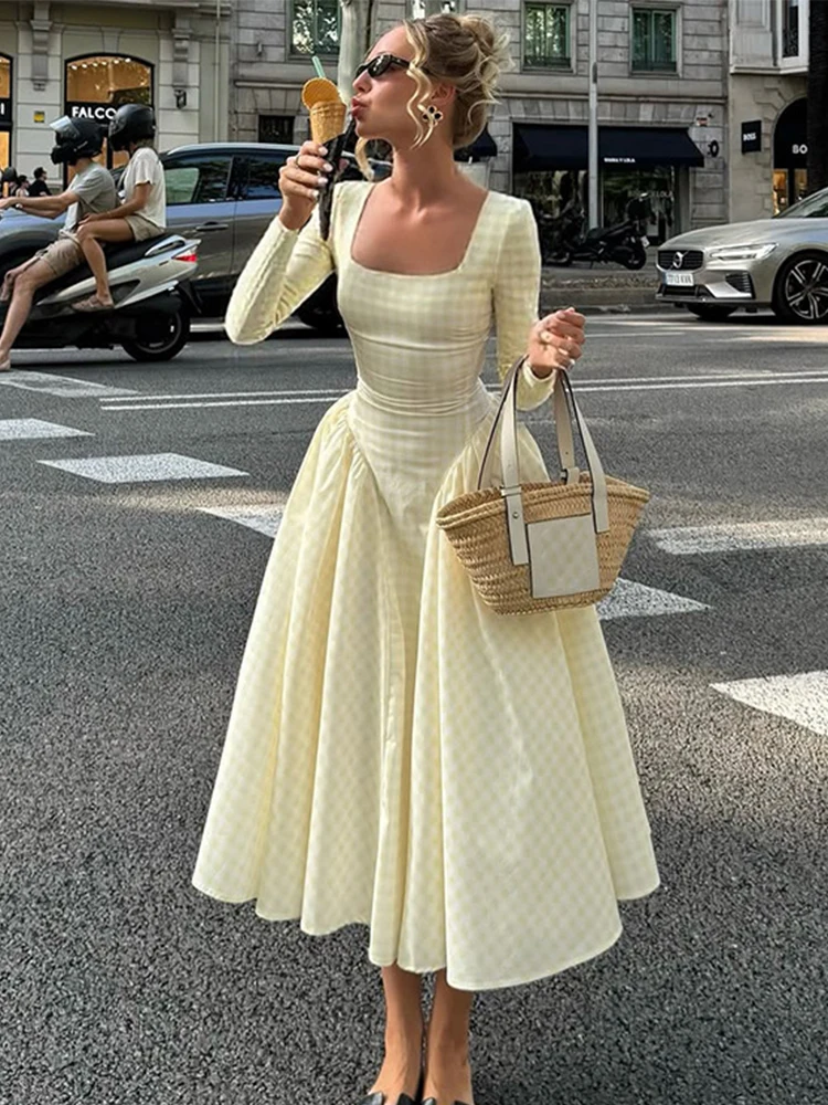 

Trendix Slim Elegant Plaid Dress For Women Fashion Long Sleeve Patchwork High Waist Ruffle Long Dresses Party Maxi A-Line Dress