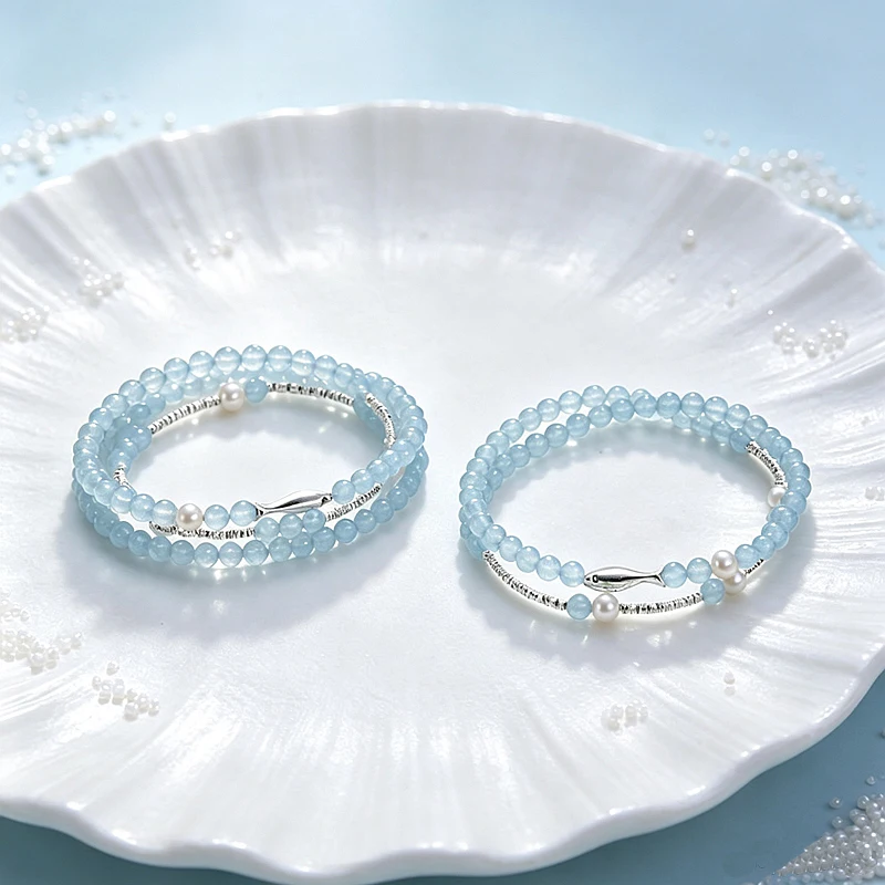 4mm Blue Chalcedony Freshwater Pearl Double/Triple Loop Beaded Bracelet Women Silver Fish Charm Elegant Stackable Hand Jewelry