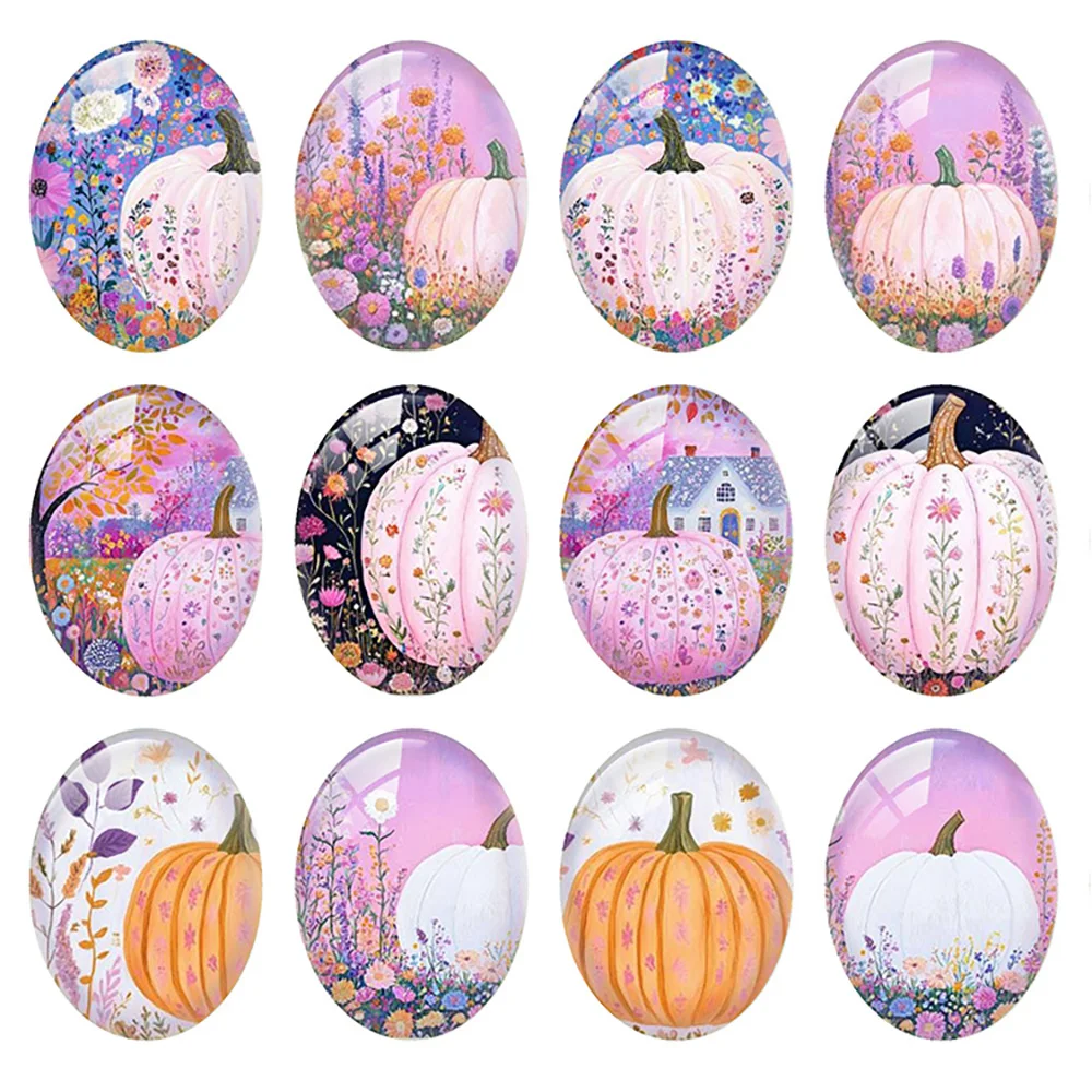 

10pcs/lot Pink Pumpkin Thanksgiving Flower Harvest Autumn Fall Oval Photo Glass Cabochon Flatback Demo Cameo Diy Jewelry Making