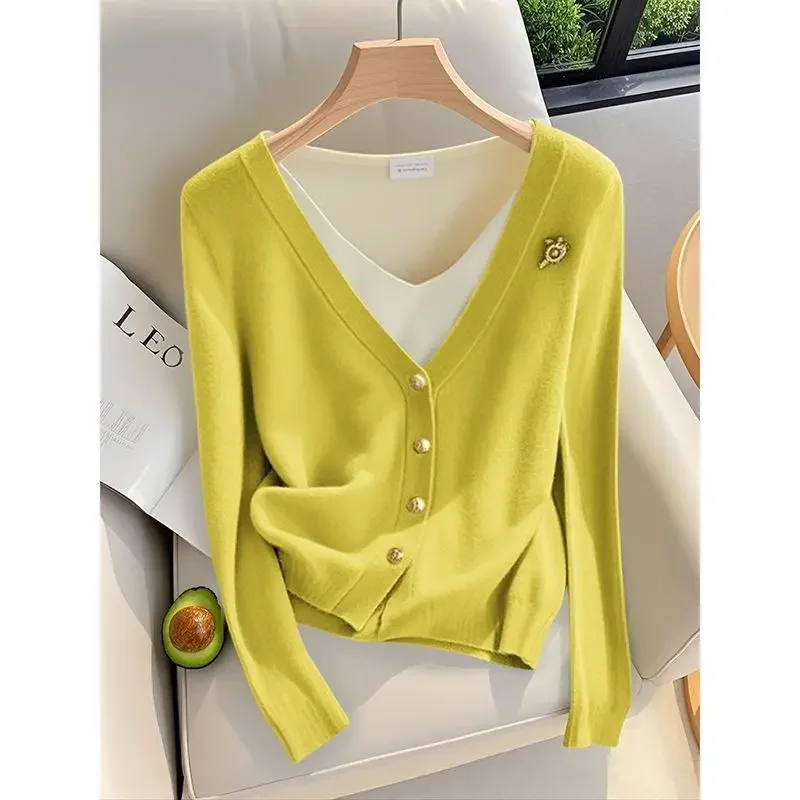 2024 Autumn New Fake Two Pieces Knitting Cardigan Interior Lapping Bottoming Shirt Ladies Simplicity Patchwork V-neck Sweater