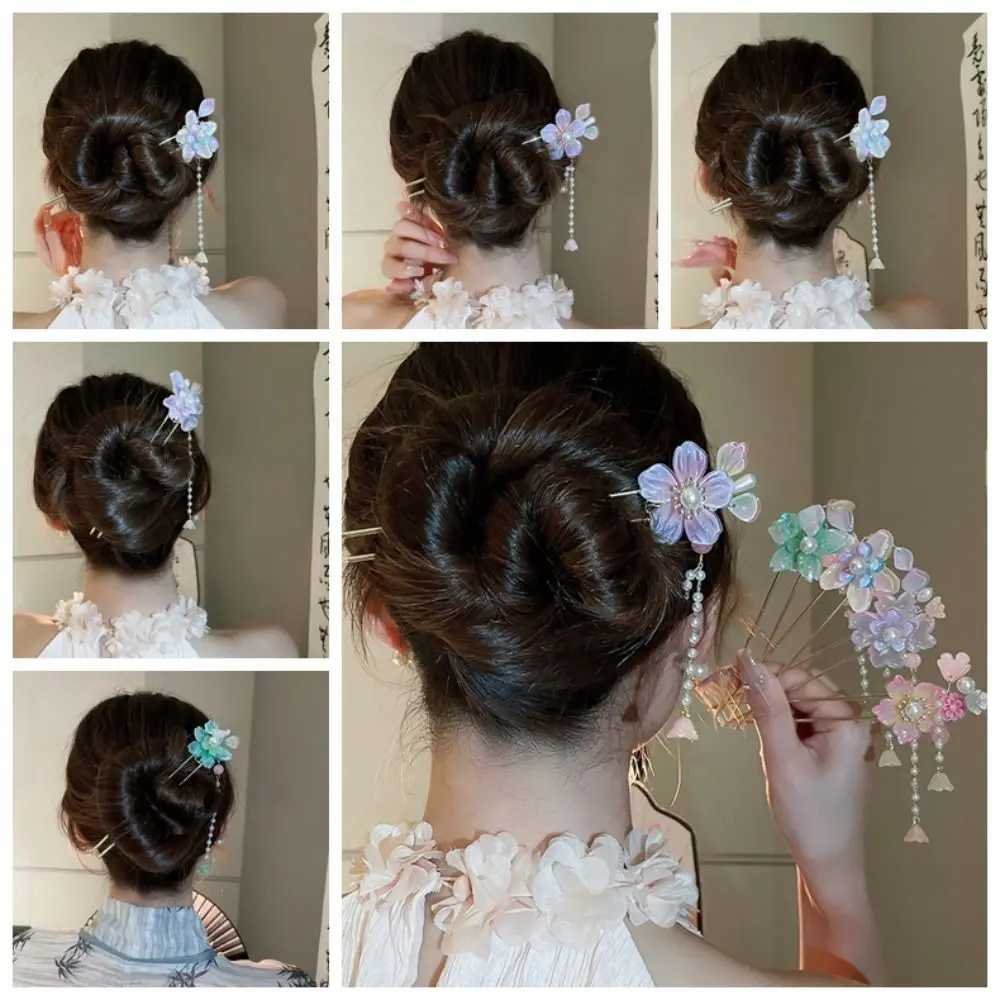 Fashion Flowers Pearl Tassel Hairpin Sweet Exquisite Ancient Style Hair Stick Senior Sense Neo-chinese Style Flower Headdress