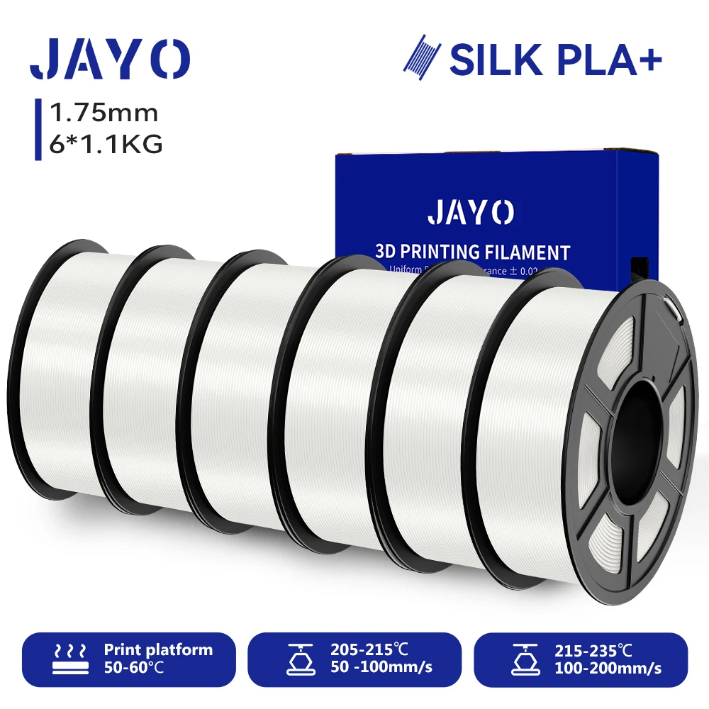 JAYO 6 Rollen SILK PLA + Filament 1,75 mm SILK PLA Plus Filament, glatte, seidige, glänzende Oberfläche, 3D-Filament, geeignet für FDM-Drucker