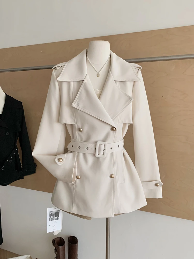 

Женское осенне-зимнее двубортное пальто с лацканами в британском стиле на талии и шнуровкой цвета хаки, элегантный плащ, куртка S133