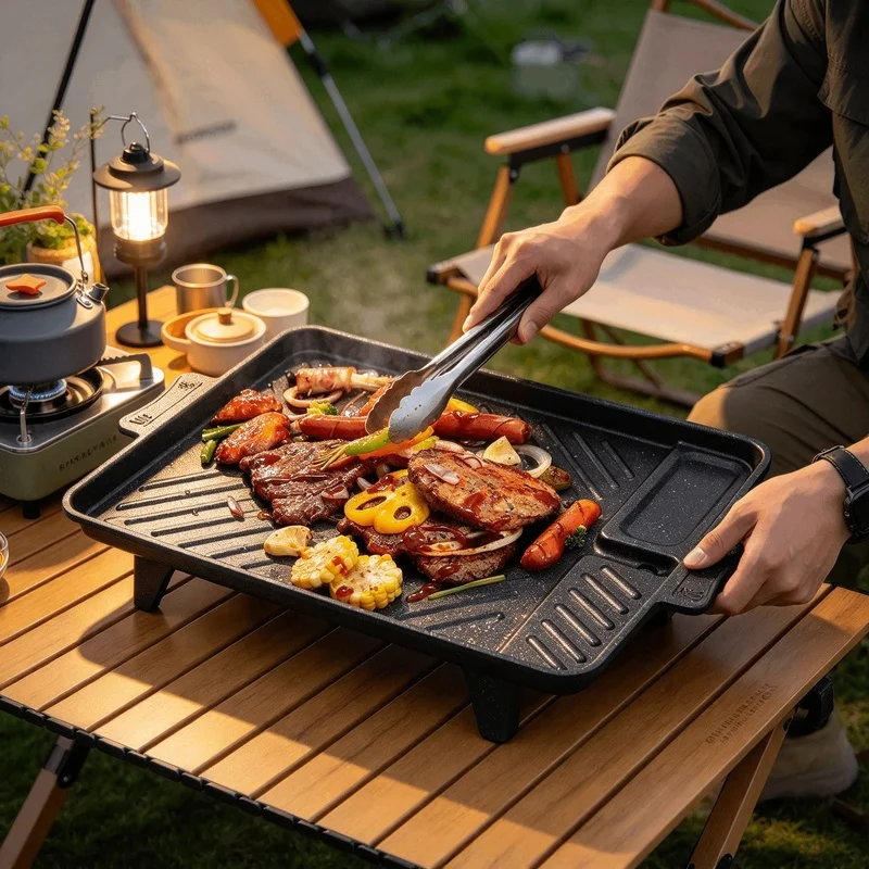 Portable Korean Style Grill Plate with Titanium Nonstick Coating, BBQ Griddle for Outdoor Camping & Household Cooking Use
