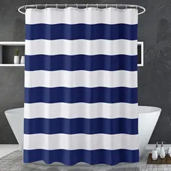 Navy Blue Shower Curtain Stripes Blue and White Shower Curtain Fabric Shower Curtain for Bathroom Waterproof Home Bath Decor