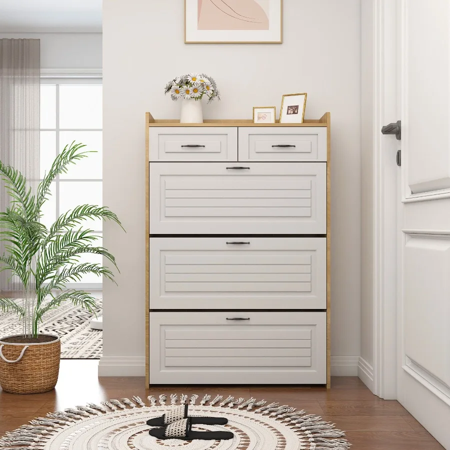 

White +Oak Color shoe cabinet with 3 doors 2 drawers PVC door with shape large space for storage