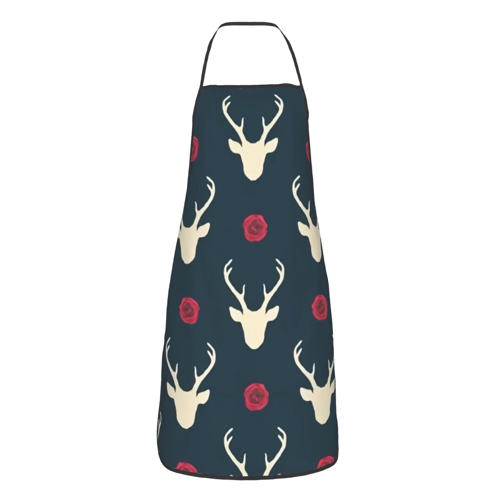 Blue Background Polyester locking hem Apron Home Cooking Baking Kitchen Pink Deer Head Apron Roses Deer Heads Watercolor