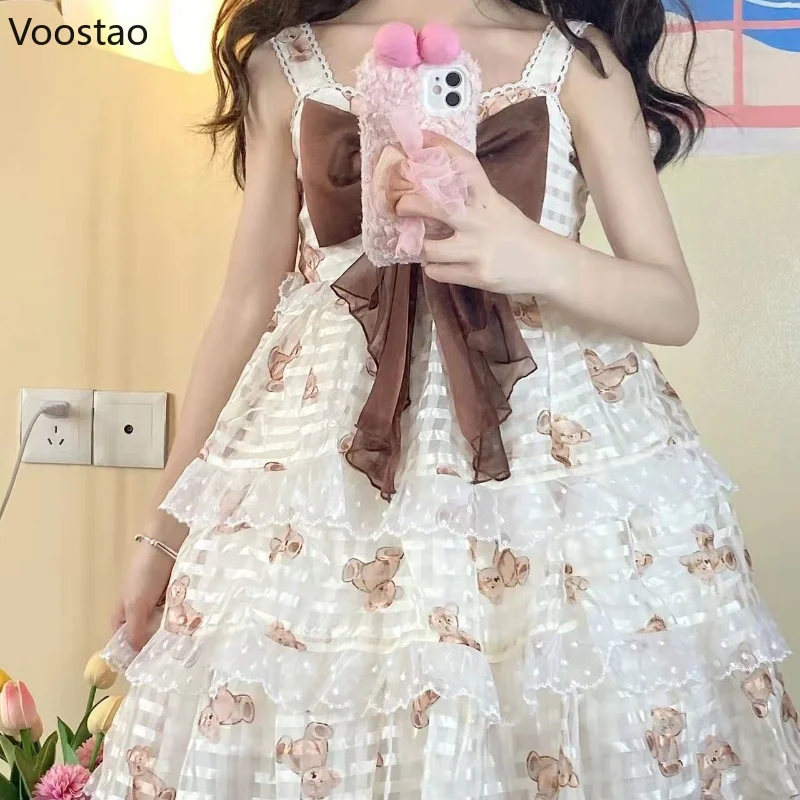 Summer Sweet Lolita Princess Dress Women Chic M-4XL Dresses Japanese Kawaii Lace Ruffles Cosplay Bow Bear Print Tiered Vestidos