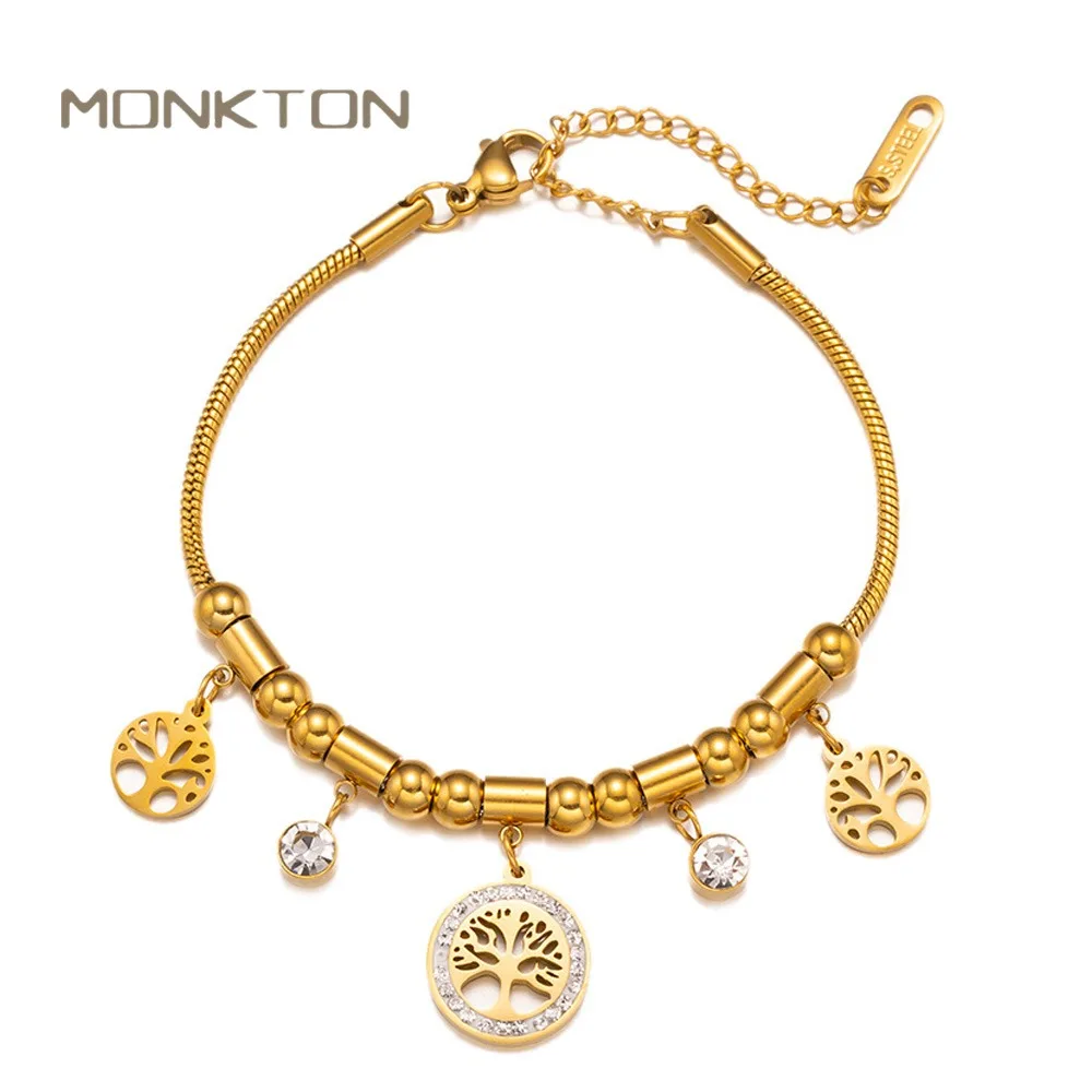 Monkton Charm Bracelet with Cubic Zirconia Jewelry Titanium Steel The Tree of Life Bracelet for Women 16+5cm