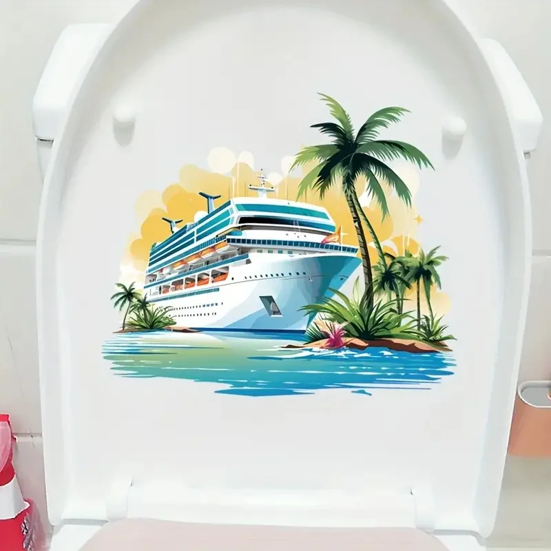 Beach Cruise and Palm Trees Toilet Stickers, Bright Bathroom for Home Decoration, Vinyl Car Decals, Art Wall Paper, Poster