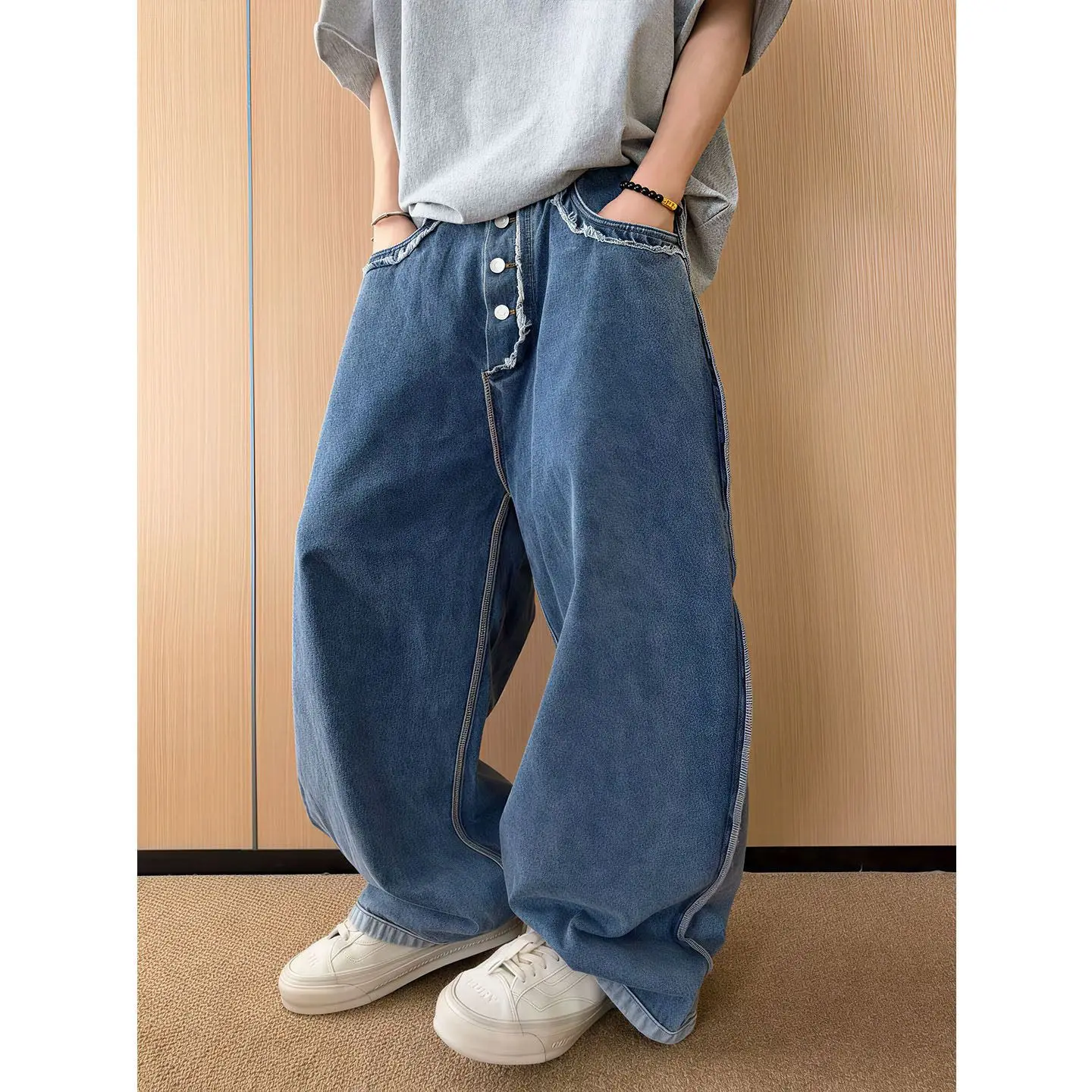 Men's Buckle Rough Edges Jeans Street Sweatpants Summer Bottoms 90s Y2k Cool Boys High Waist Pants Male Casual Wide Leg Trousers