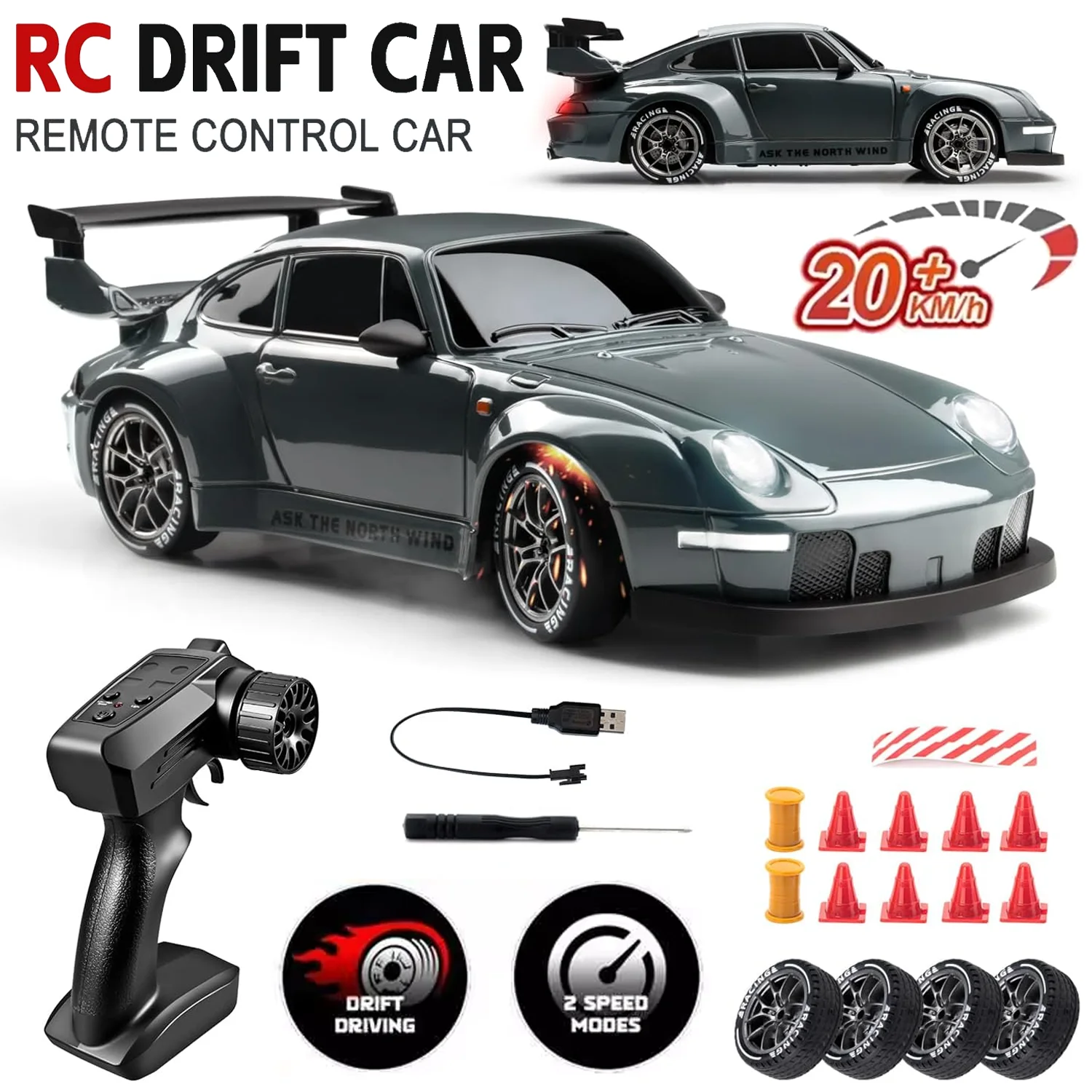 【セール中】新型1:24 RCカー 4WD RCドリフトカー 2.4Ghz デュアルドリフトタイヤ LEDライト搭載 20KM/H レース玩具 リモコンカー 大人子供向け