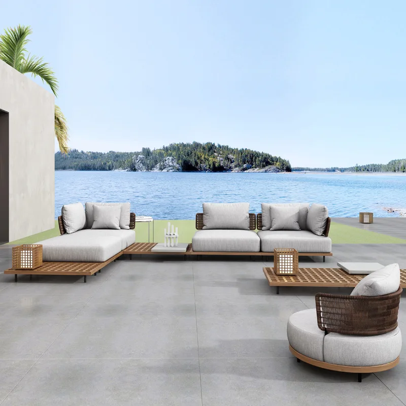 أريكة في الهواء الطلق فناء فيلا مصمم حديقة الشمال مقاوم للماء واقية من الشمس كرسي الروطان مزيج الأثاث الترفيهي من خشب الساج #3