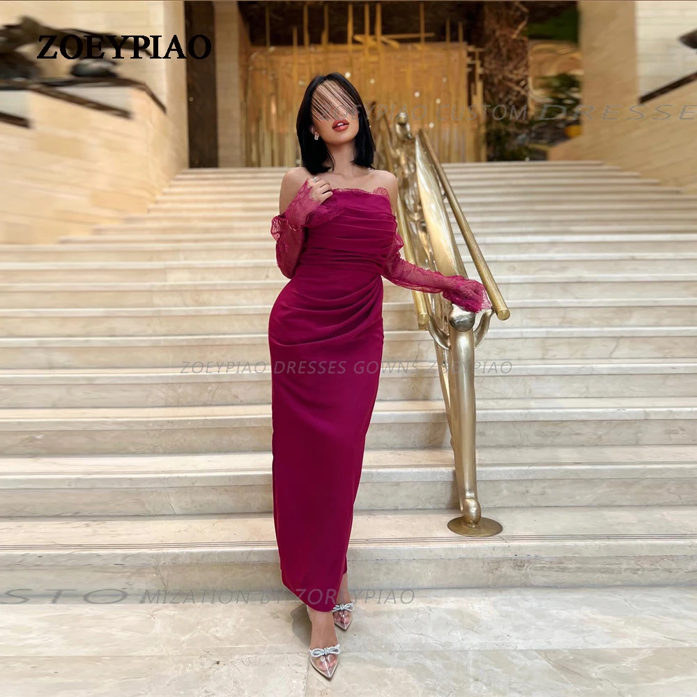 

Fuschia Lace Off Shoulder Evening Dresses For Wedding Party Guest Short Satin Ankle Length Prom Gowns Formal Occasion Dress