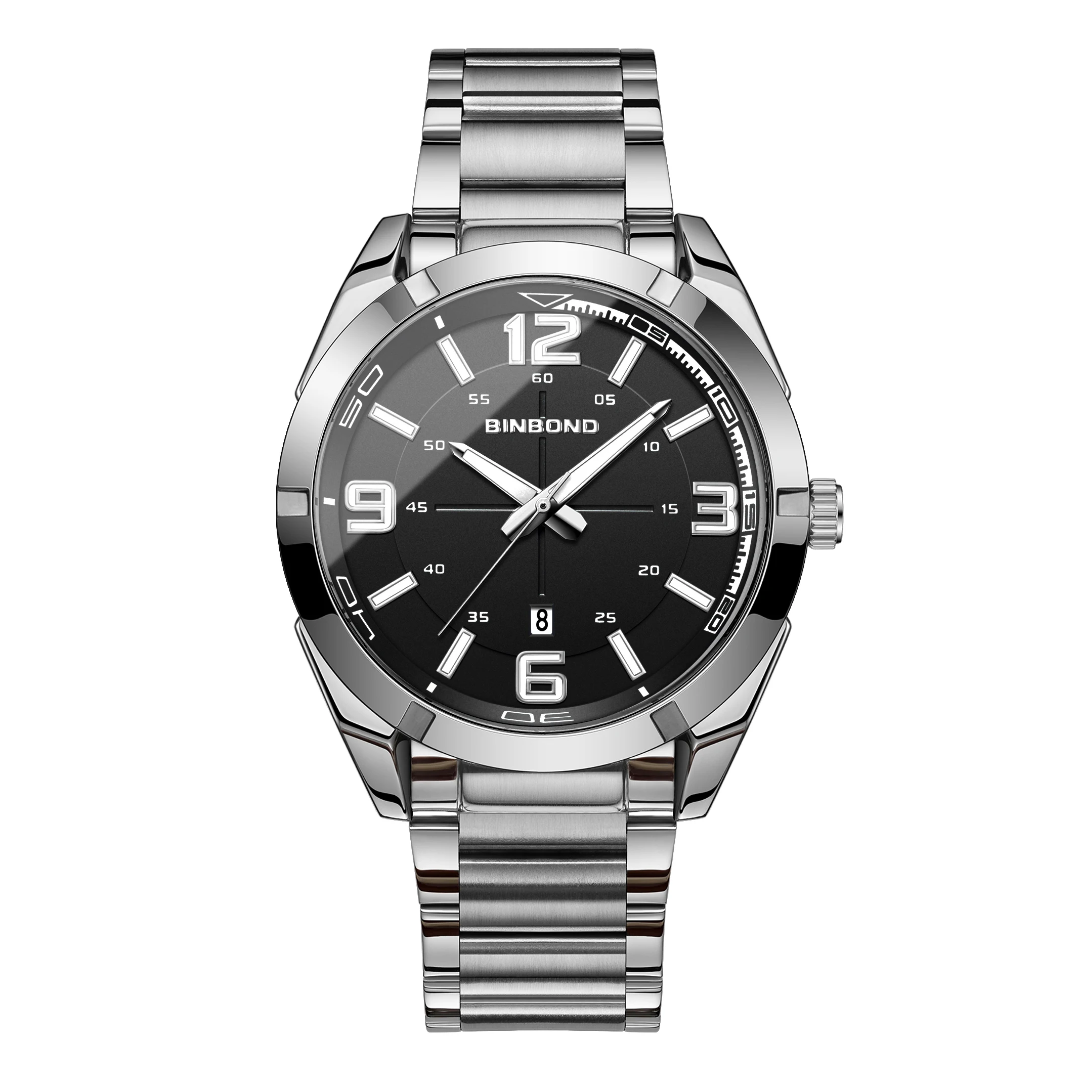 BINBOND Men Quartz Watch Large Number Clear Dial Stainless Steel Strap Fashion Business Trendy Male Wristwatch 3ATM Waterproof