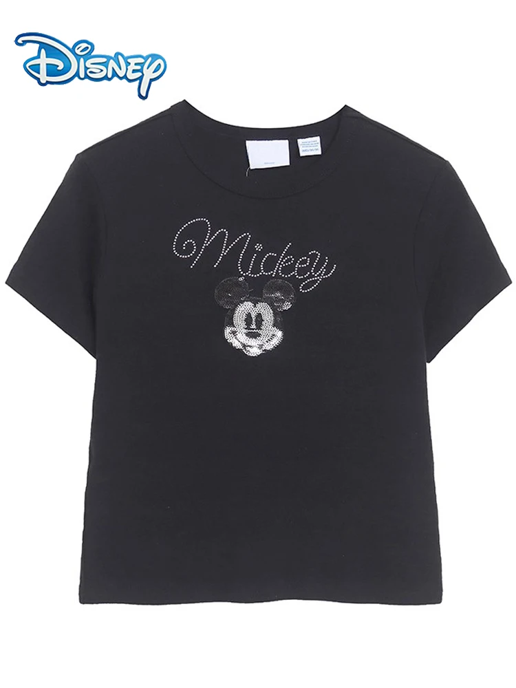 

Disney Mickey Mouse Letter Cartoon Print Diamonds T-Shirt Casual O-Neck Pullover Women Short Sleeve Tee Tops Female Streetwear