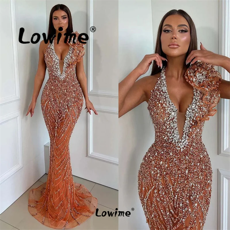 Orange 2024 Aso Ebi Mermaid Prom Dresses Long V Neck Beaded Arabic Evening Gowns Robe De Soiree Wedding Party Dress Customize