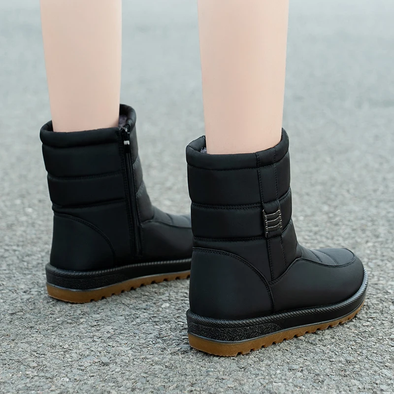 الأحذية النسائية أحذية الشتاء للنساء حذاء من الجلد الدافئة الفراء بوتاس موهير مقاوم للماء كعوب منخفضة أحذية الثلوج الشتاء حذاء مسطح #2