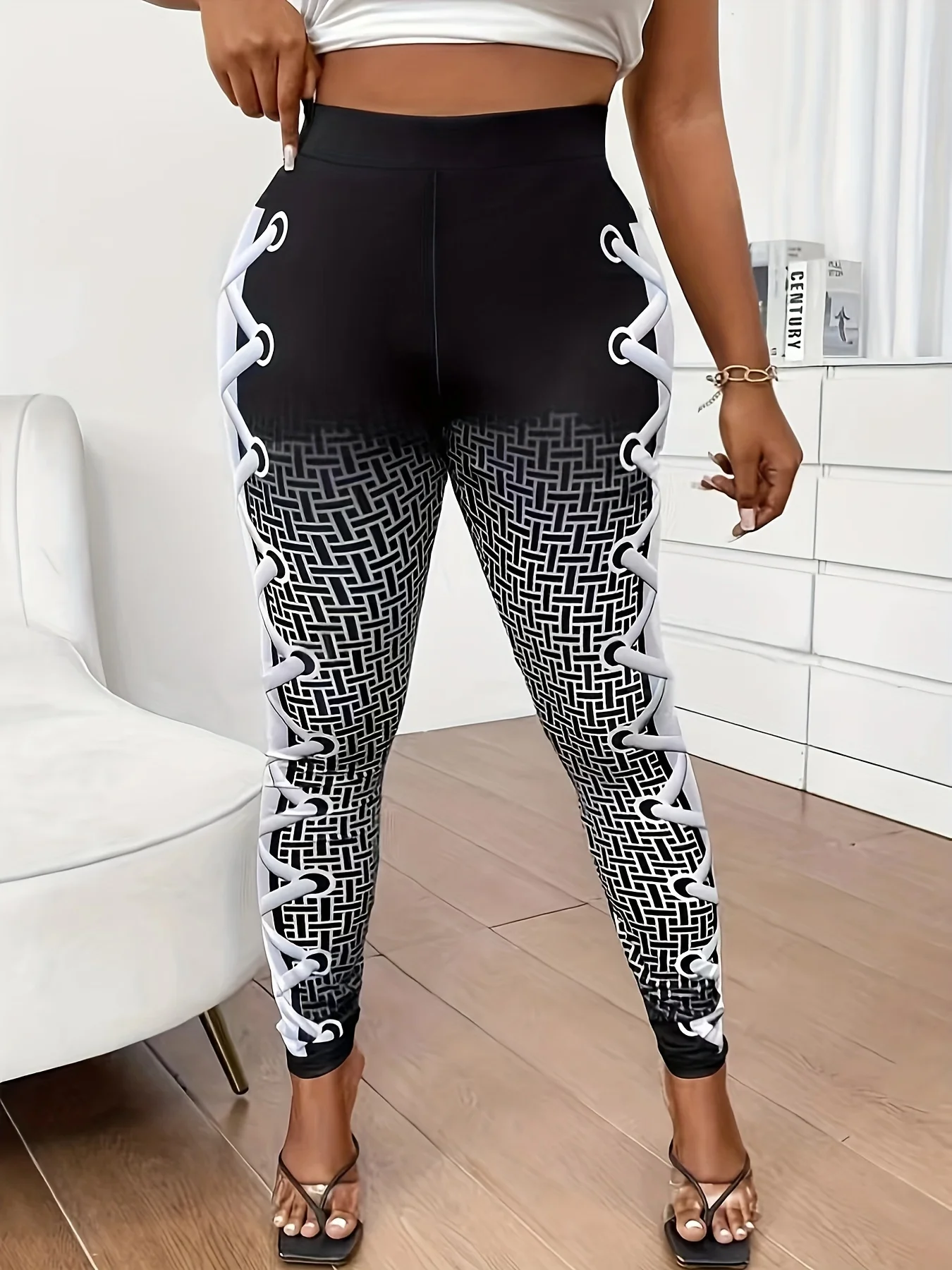 Women Lace‑Up Spliced Geometric Gradient Print Fleece Lined Leggings Mid Waist High Stretch Casual Pants