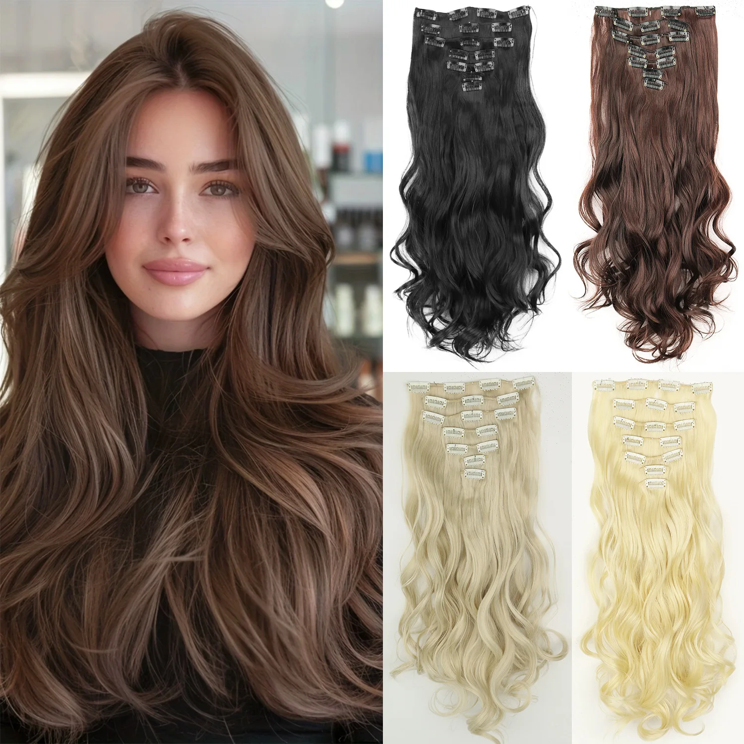 60cm Long Wavy Clip-In Hairpiece — Heat-Resistant Synthetic Hair for Women's Daily Styling, Suitable for Everyday Use, Parties, Festivals, Dates, Travel, Etc., and Makes a Great Gift.