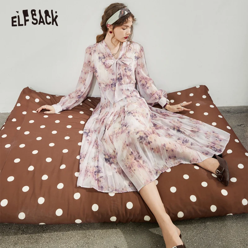 

ELFSACK Bow Chiffon Floral Dresses Women 2023 Spring Waist Long Sleeve Daily Dress