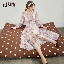 ELFSACK Bow Chiffon Floral Dresses Women 2023 Spring Waist Long Sleeve Daily Dress