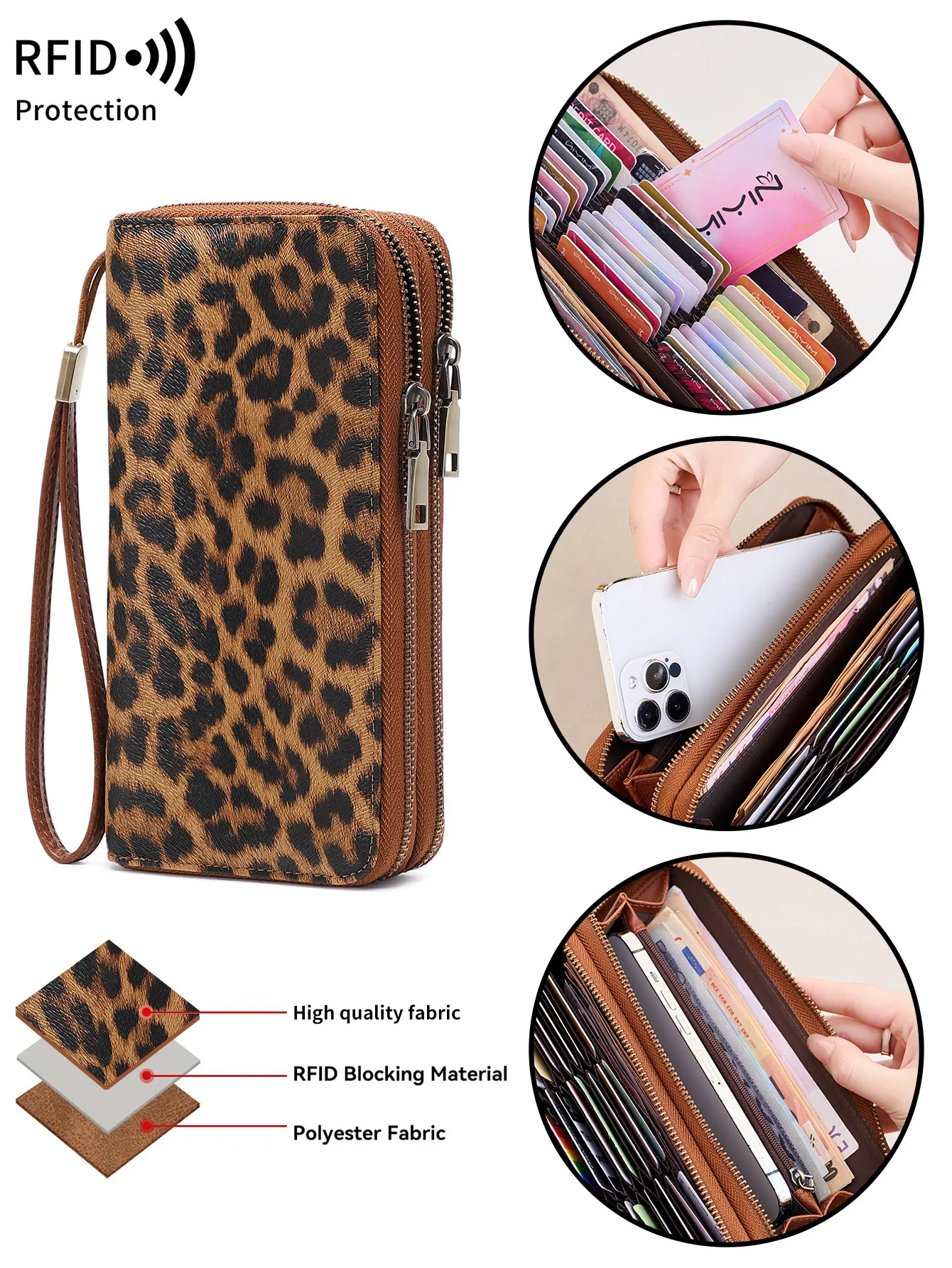 Western RFID Blocking Leopard Print PU Leather Long Women Wallet Large Capacity Double Zipper Coin Purse for Ladies
