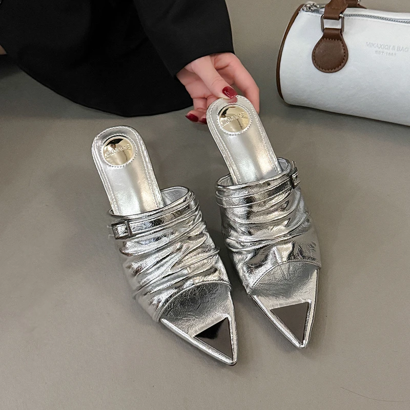 

Elegant Pointed Toe Slide Sandals 2026 Summer New Style Thin Heel Ruched Fashion Peep-Toe High Heel Sandals for Women