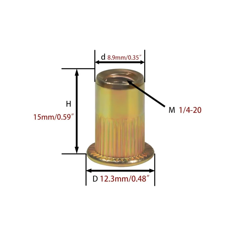 210 peças porcas de rebite cabeça plana rivnut zincado aço carbono rosqueado porca de inserção corpo serrilhado 1/4-20 Polegada