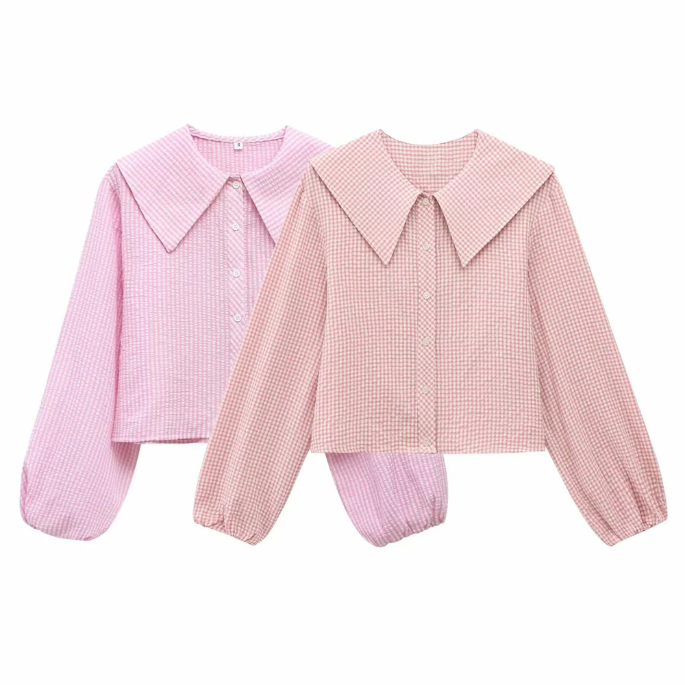 

Женская весенняя новая модная универсальная однобортная рубашка с пуговицами и небольшим клетчатым воротником с круглым воротником