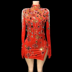 Sparkly Rhinestones Red Velvet Long Sleeve Short Dress Sexy Evening Prom Celebrate Birthday Dress Performance Costume Show Wear