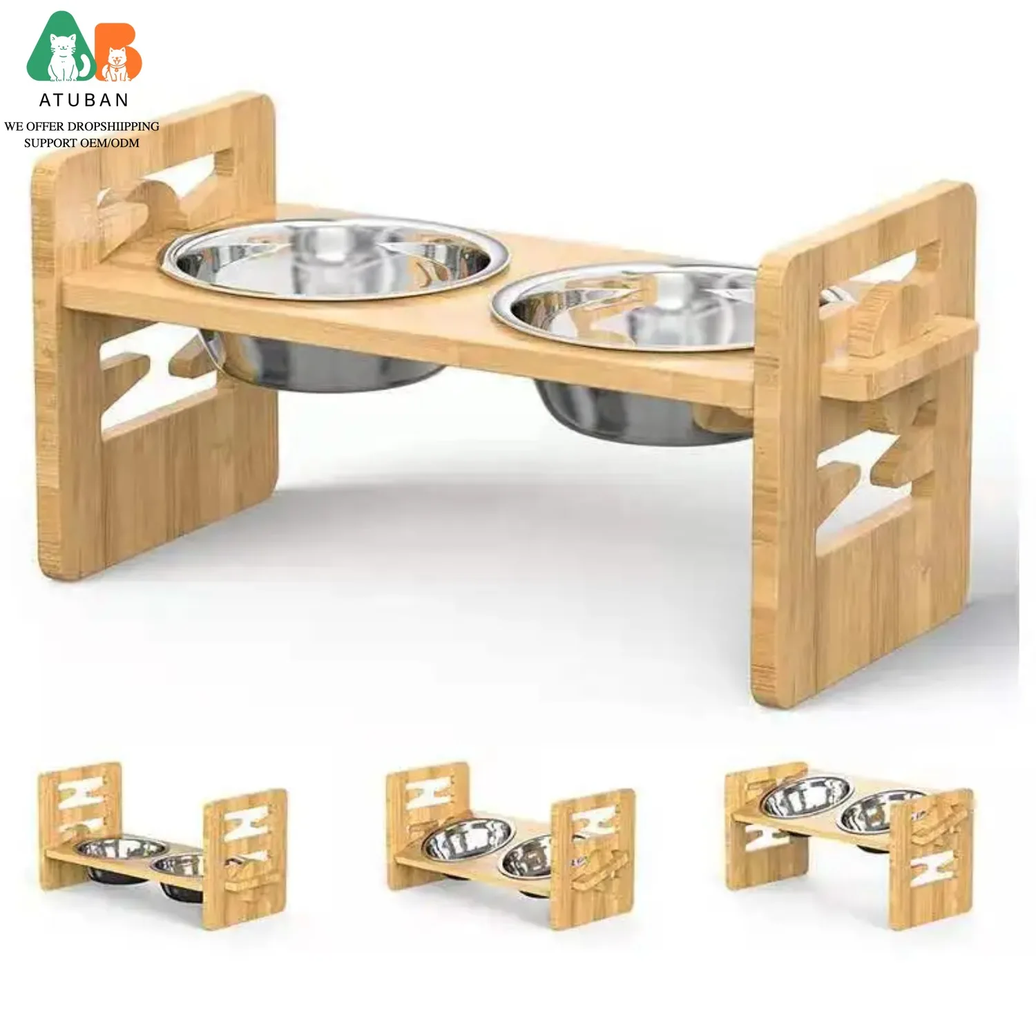 

ATUBAN Приподнятая наклонная миска для кормления кошек и собак, миска для еды и воды с регулируемой бамбуковой подставкой, противоскользящая миска для собак и кошек