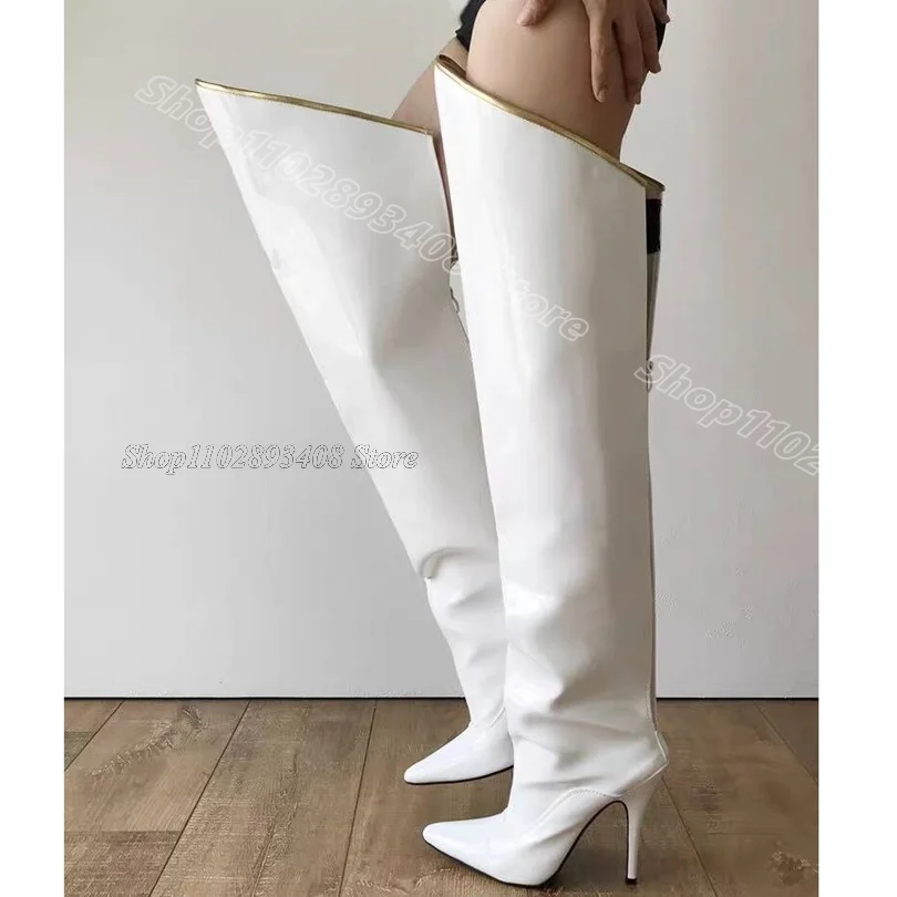 

White Pointed Toe Stiletto Boots Patent Leather British Style Back Zipper Fashion Over Knee Sexy Boots 2024 Zapatos Para Mujere