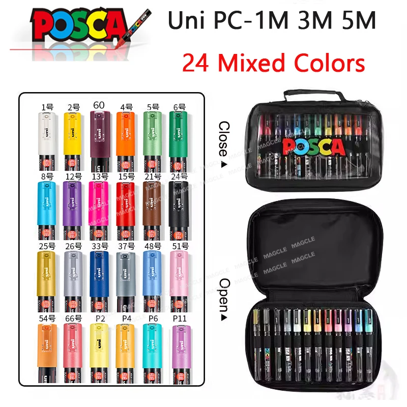 Uni 24 Mixed Markers Transparent Bag Set ,Hot Sale Combine pinturas con pigmentación 1M 3M 5M POP Poster Graffiti lápices posca