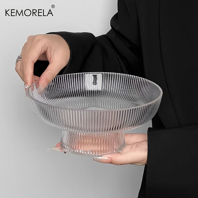 KEMORELA Hammered Glass Fruit Bowl Large Capacity Vertical Stripe Design for Restaurants Cakes And Snacks Elegant Serving Bowl