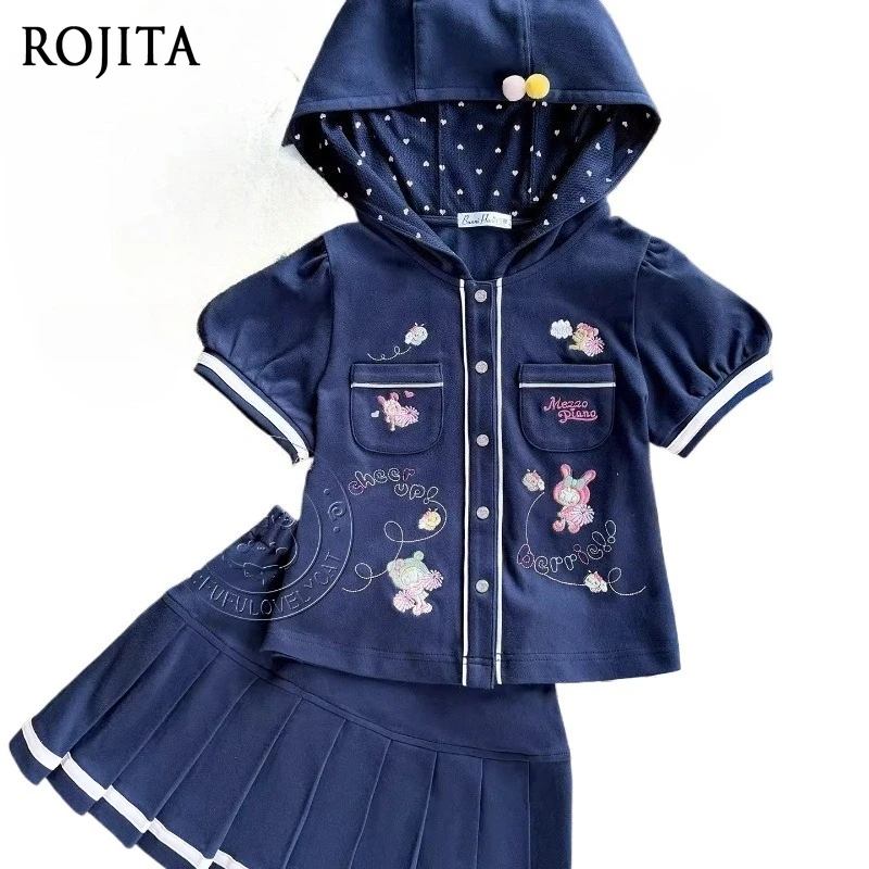 

Cyan Embroidered Dress Daughter Outfit Soft Girl Pleated Skirt Hooded Short Sleeve Top and Half Skirt Set Summer New