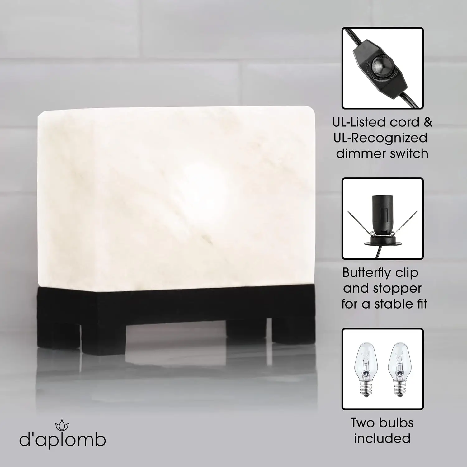 Lâmpada de sal do Himalaia autêntica, pedra de cristal branco esculpida à mão com base de madeira e dimmer, 11,5 libras