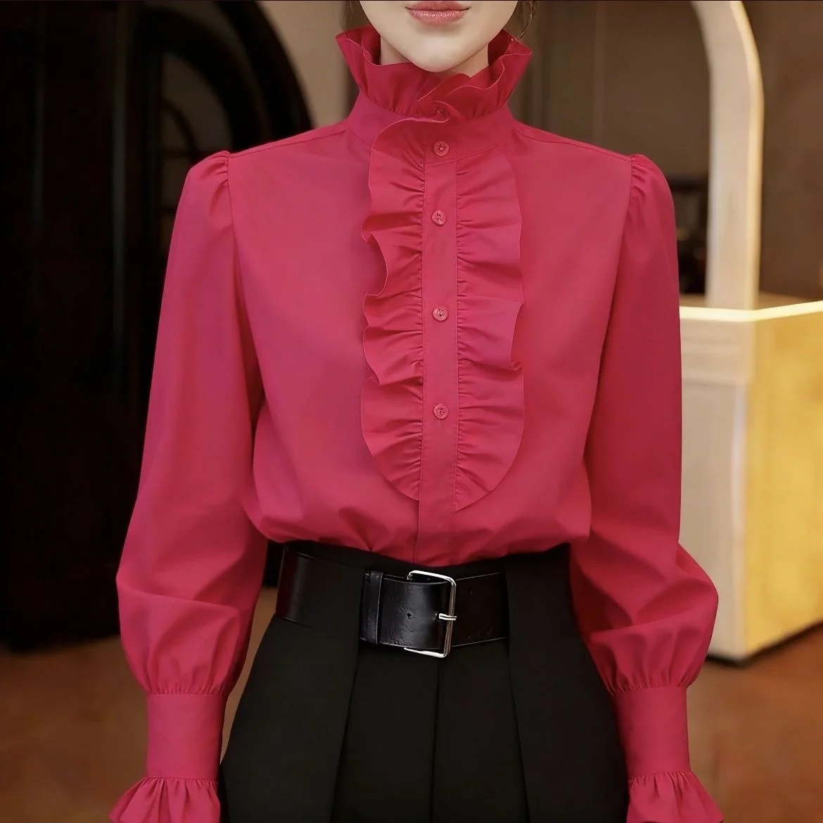 

Ele Wood ain Ruffle f High Collar Women's irt Spring Autumn New Sle Retro Baroque Slimming Top Commute Sle