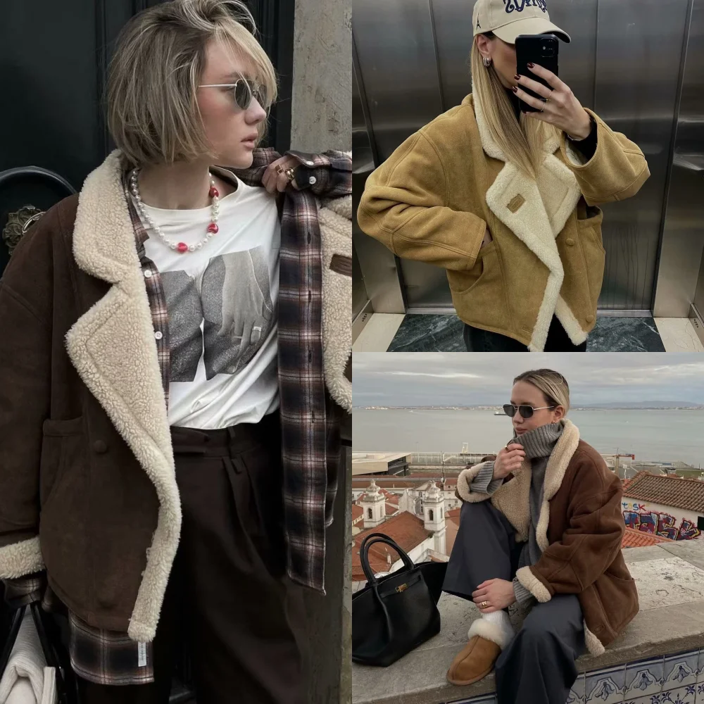 

Fashion Oversize Loose Lamb Jacket for Women 2024 Winter Long Sleeve Button Fleece Coats Female Hip Hop Street Fluffy Outerwear