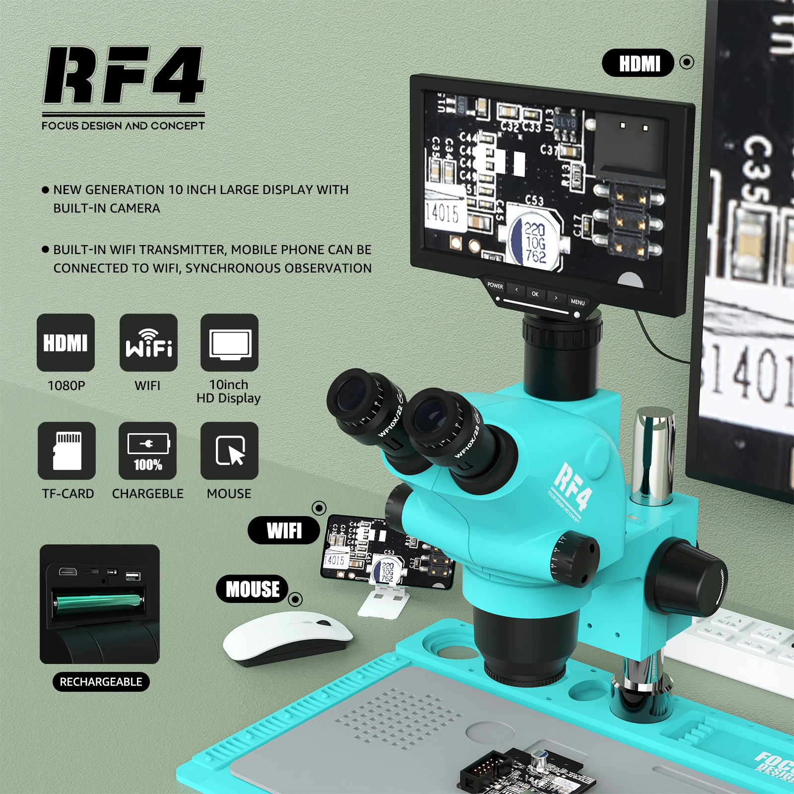 RF4 High Quality 10Inch Video Display Screen YS010W Observe Recorded PBC Phone Mobile Repair Tools Apply To Triocular Microscope