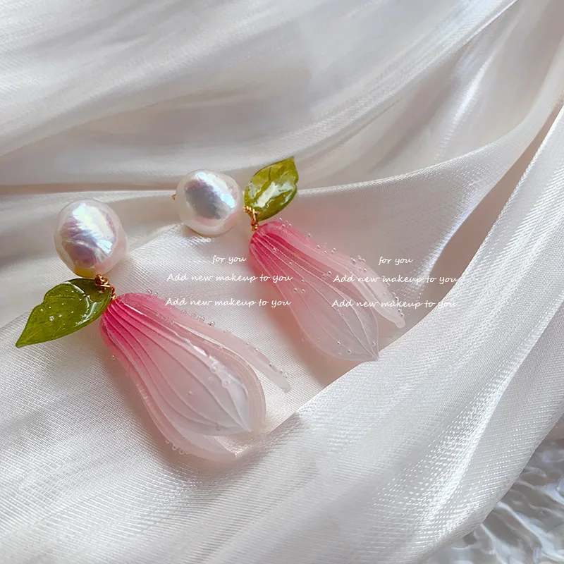 Young Girl Clear Natural Pearl Yulan Flower Drop Earrings Elegant Jewelry Pink Earrings For Wmoen