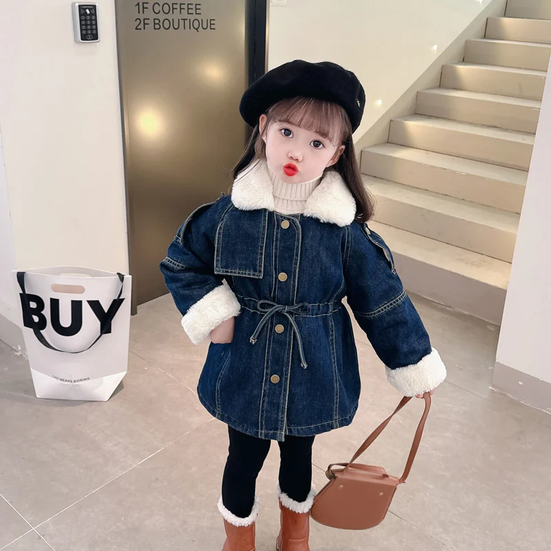 

Winter Fashion Girls Fleece Denim Jacket Thicken Warm Velvet Turn Down Collar Drawstring Coat 2-8Years Olad Girls Outerwear