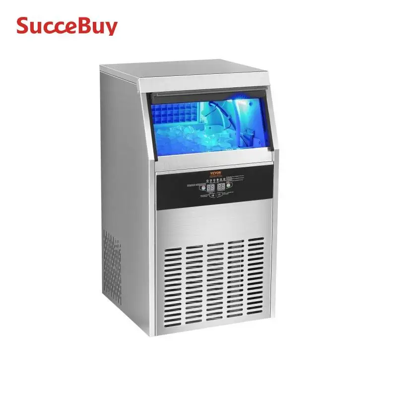 VEVOR Machine à Glaçons Commerciale 53 kg/24 h Appareil de Préparation de Glaçons 60 Bacs à Glaçons Capacité de Stockage 15 kg Nettoyage Auto sans Installation Autoportant pour Maison Restaurant Bar