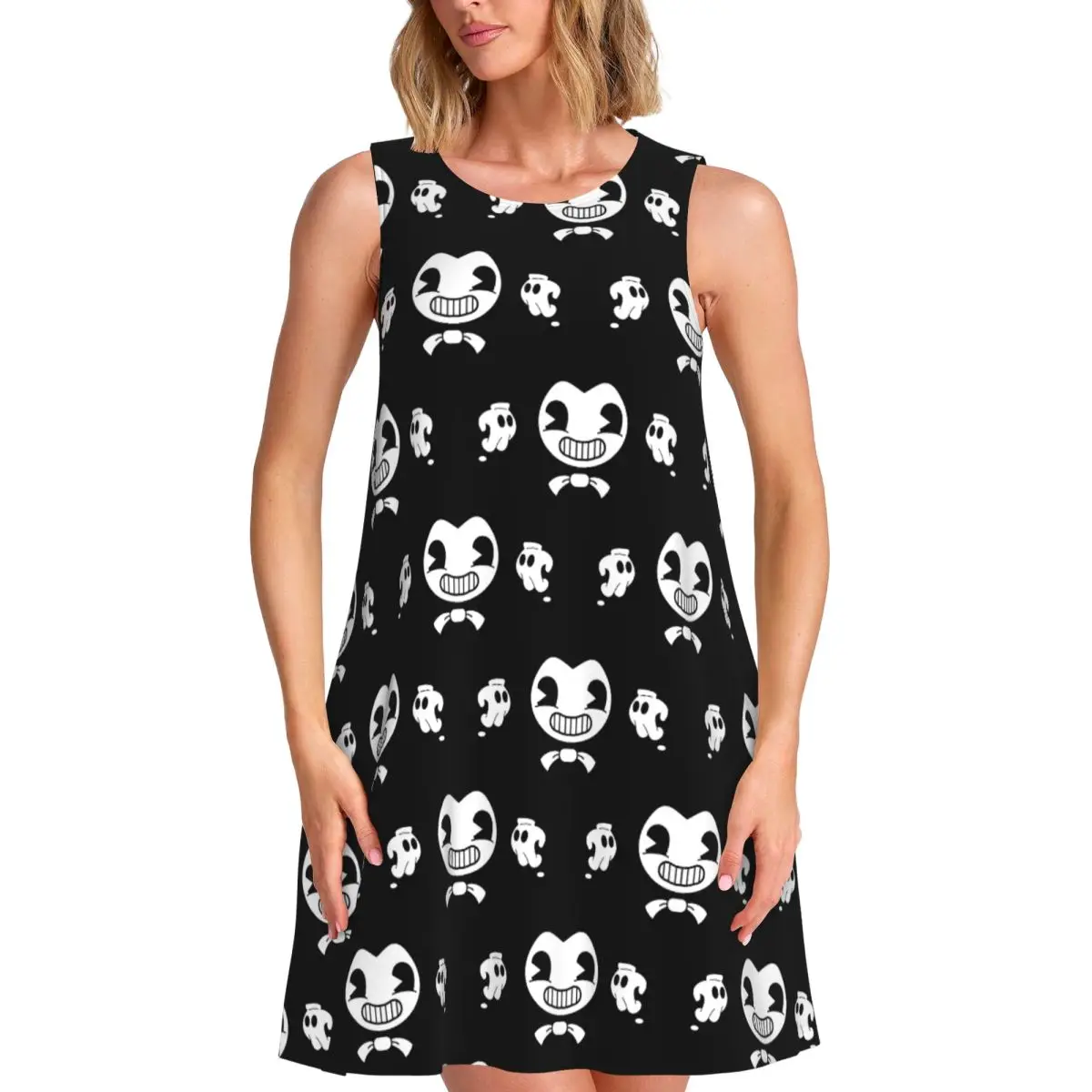 

Женское платье без рукавов B-Bendy And The Ink M-Machine на заказ, классический игровой сарафан, повседневные карманы для путешествий, пляжное платье