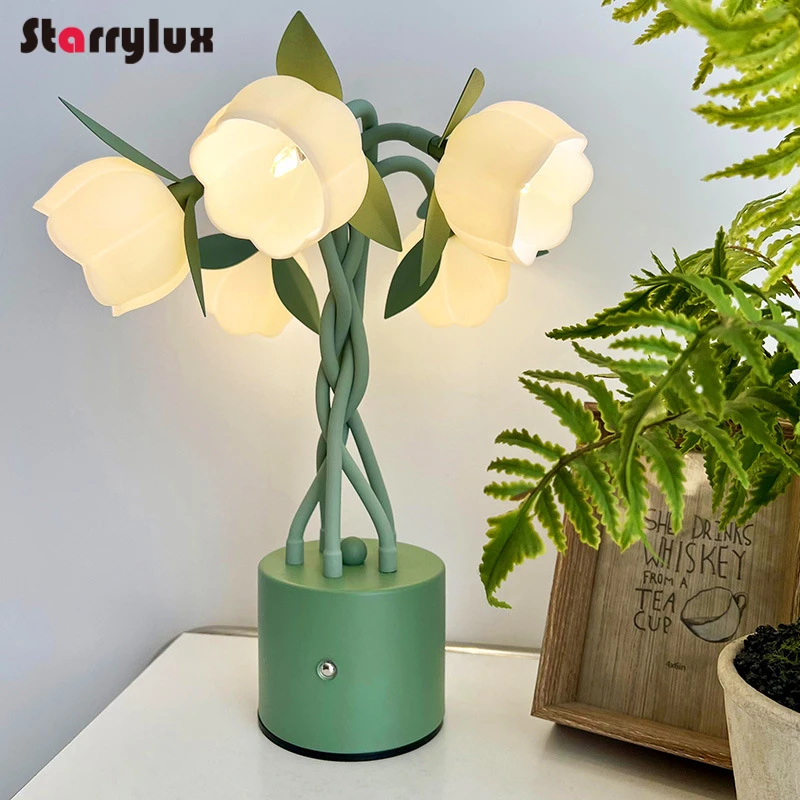 French Country Mini Lily of The Valley Table Lamp - 5 Head Bedside Nightstand Lamp, Acrylic Shade Warm Light for Home Decor - Image 4