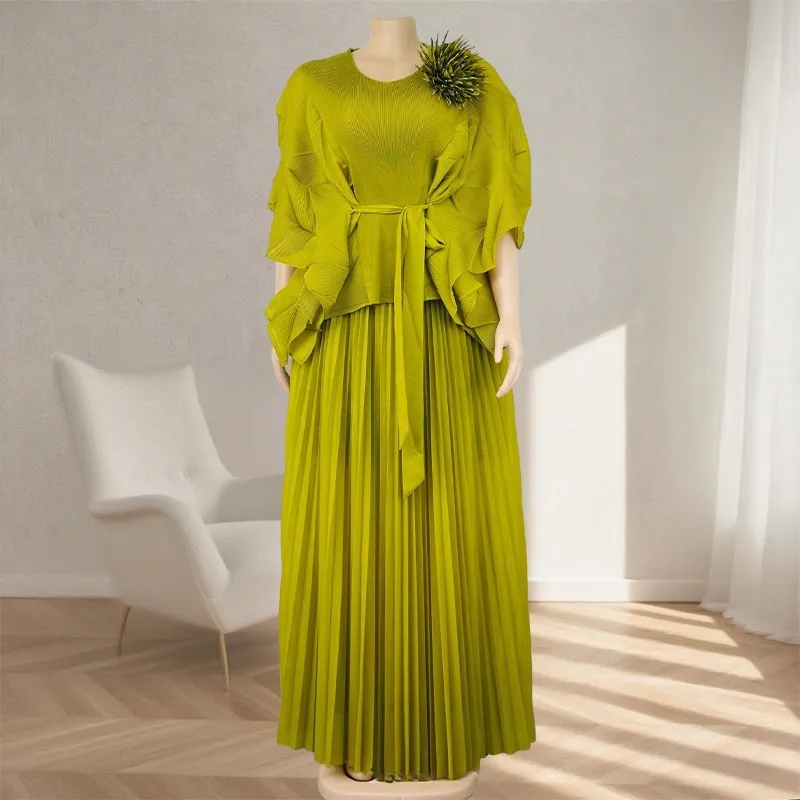 

Miyake Pleated Fall New Women Dresses French Light Luxury Temperament Elegant Fashion 2-piece Temperament Plus Size Long Dresses